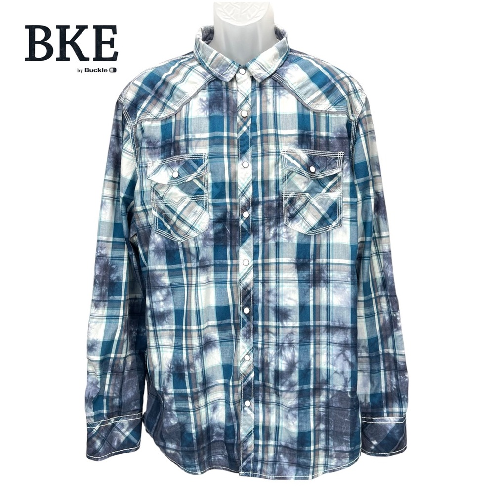 BKE Pearl Snap Western Shirt XXL Blue Plaid‎ Tie Dye Distressed Y2K Tailored